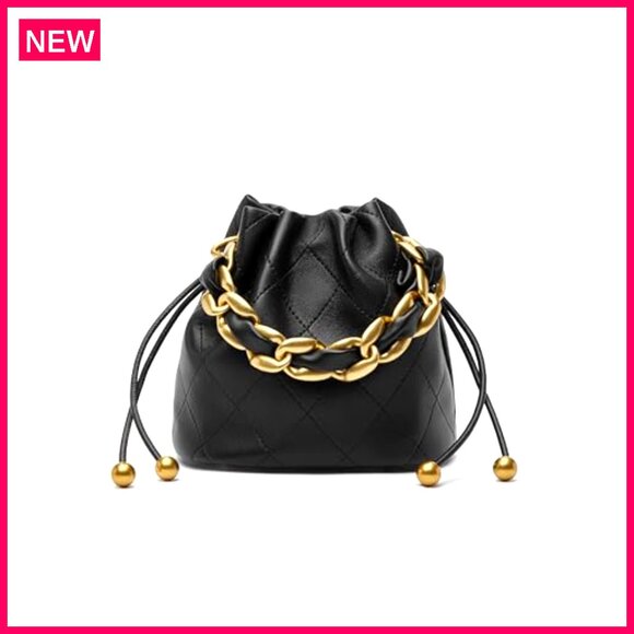 Small Lambskin Leather Bucket Bag with Drawstring and Chunky Chain Strap - Picture 2 of 8